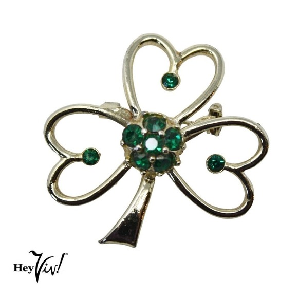 Vintage Beatrix Signed Shamrock Heart Pin Brooch Green Rhinestone 1.5" - Hey Viv - Picture 1 of 5